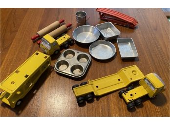 Vintage Tonka Trucks, Toy Car Carrier, Toy Baking Pans And Rolling Pins