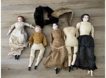 Vintage Lot Of Five Ceramic And Fabric Dolls