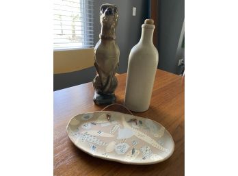 Pottery Lot  Clay Hand Made Fossil Platter Knotwork,Clay Bottle, And Vintage Dog