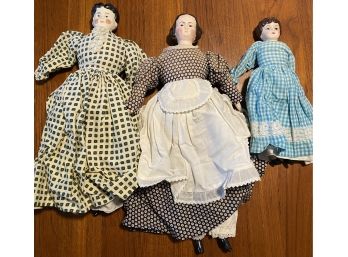 Vintage Lot Of Three Hand Painted Ceramic And Cloth Dolls