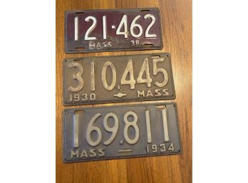 Vintage Three Metal License Plates Massachusetts 1930,1934,1938