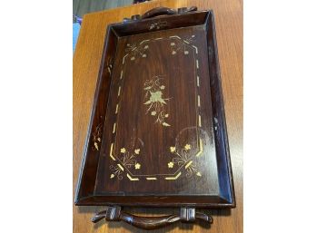 Vintage Dark Wood Tray With Brass Floral Inlay With Handles