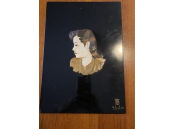 Vintage Black Wood Plaque With Plastic Inlay Portrait Of A Lady