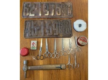 Vintage Scissors, Vintage License Lot, Hammer And Miscellaneous Items