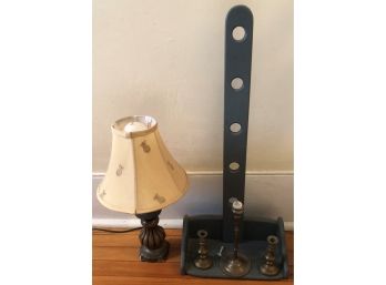Five Piece Lot- Lamp, Three Sticks, And A Country Shelf
