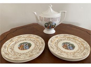Taylor Smith Taylor Porcelain Teapot And Six 7.5' Plates