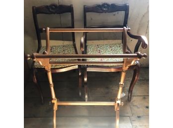 Oak Towel Rack And Two 1940s Dining Chairs