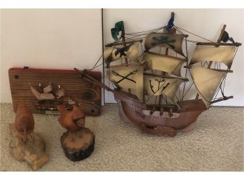 Two Carved Birds And Two Ships' Models
