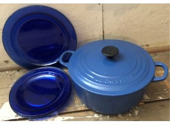 Le Creuset Covered Casserole And Five Cobalt Plates