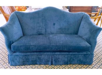 Blue Velour Custom Upholstered Camel Back Love Seat