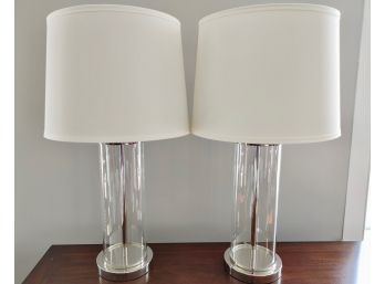 Pair Of Ralph Lauren Silvertone & Glass Cylinder Lamps