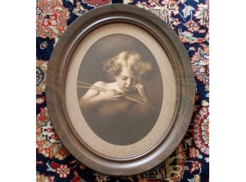 Vintage Framed Cupid Awake In Original Metal Oval Frame