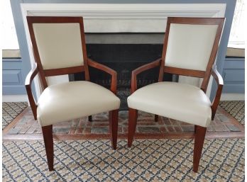 Pair Of Leather Upholstered Dining Arm Chairs