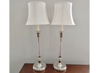 Pair Of Ralph Lauren Silvertone Candlestick Table Lamps