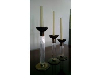 Set Of 3 - Silver And Glass Candlesticks