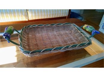 Wicker Tray  With Ceramic Fish Handles