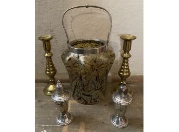 Art Glass Ice Bucket, Sterling Salt And Pepper, And Pair Of 7' Brass Candlesticks