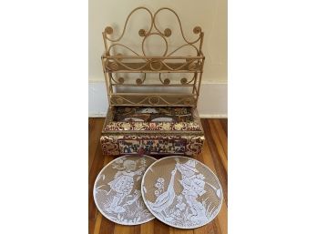 16' Decorative Tin Box, Two Lace 12' Discs, Rattan 12' Shelf