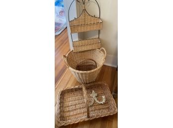 Three Baskets & Wicker And Iron Shelf