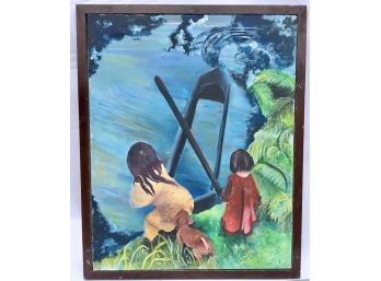 Framed Acrylic Painting Of Two Girls By Water Signed By Artist