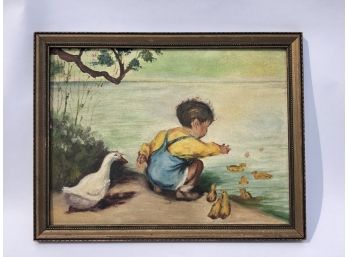 Vintage Painting Of Boy And Ducks On Canvas