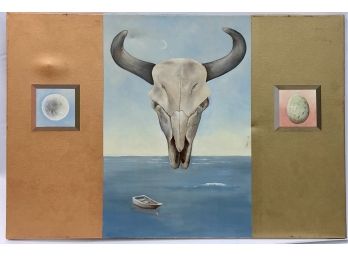 Acrylic On Canvas Of Abstract Bulls Head Skull Over Ocean