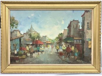 Town Painting On Canvas Signed By Artist  In Gilt Frame