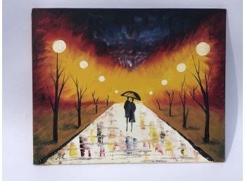 Painting Of People Walking Under Umbrella During Sunset