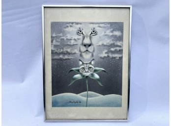 Lion And Cat Flower Art Signed 'Tony Fiyalke '80' Framed With Glass