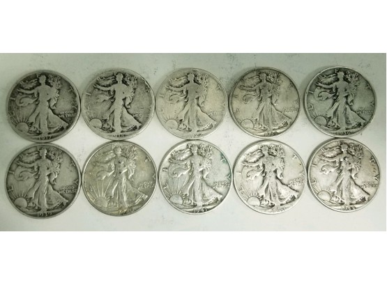 10 Walking Liberty Half Dollars Dates- 1917s, 1918s, 1927s, 1936, 1936, 1939d, 1940, 1941, 1941d, 1944.  As Is