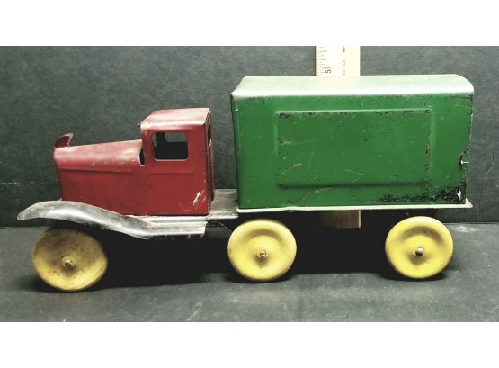 Antique 1920's 30's Toy Truck.  Wood Tires/Wheels.  Possibly Original Paint.  11 3/4' Long, 5'high, 4' Wide.