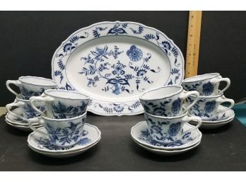 17 Pc Blue Danube - A 14' Platter & 8 Cups/Saucers.  2 Cups Have A Nick/chip.