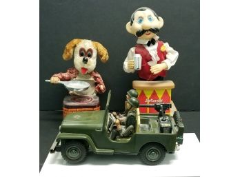3 Vintage Battery Operated Toys - Army Jeep, Bartender And Burger Chef (not Tested, Bid As If Not Working)