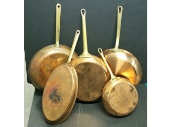 5 Copper Pans In Various Sizes - Some Marked.  Sizes -10 5/8'd, 9 7/8'd, 9 1/2'd, 7'd & Oval 11' Long 6 1/2'w