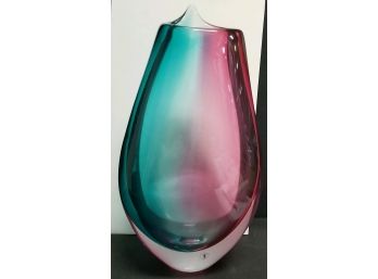 Carlos Pebaque Swedish Art Glass Vase.  Signed On Base &  Label Attached.  12'  High, 6 3/4' Wide, 4 1/2 Deep.