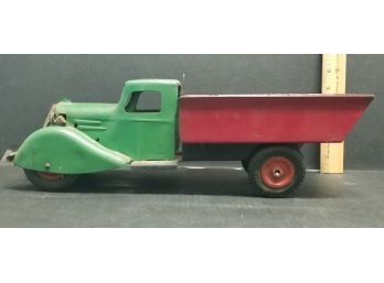 Antique Wyandotte Kingsbury Toy Dump Truck.  15 3/8' Long, 5 1/8' High, 5 1/2' Wide.  2 Rear Tires Detached.