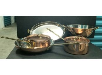 Copper Cookware - Made In Korea.  The Skillet Is 10 1/2' Diameter.  Colander Is 9 1/2' Diameter 5 1/2' High.