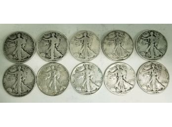 10 Walking Liberty Half Dollars Dates- 1917s, 1918s, 1927s, 1936, 1936, 1939d, 1940, 1941, 1941d, 1944.  As Is
