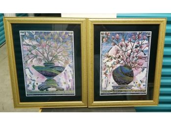 Pair Of Decorative Cooper Smith Floral Prints In Gold Color Frames.  Each Overall Size Is 22 1/2' X 18 5/8'
