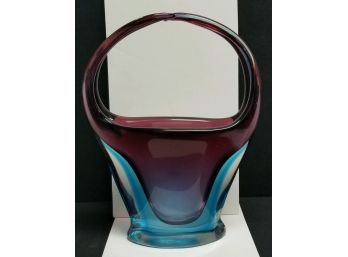 Unsigned Art Glass Basket Vase.  11 1/2' High, 8 1/2' At Widest Point & 3 1/2' Deep.  Weight Is Apprx 6.8 Lbs.