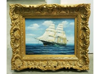 H. Parker Oil On Panel Decorative Painting Of Ship.  Overall Frame Size Is 19 3/4' High X 23 5/8' Wide.