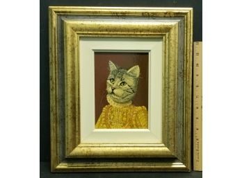 Signed Oil On Board Folk Art Style Painting Of Cat.  Overall Size 14 7/8' X 12 7/8'.  Image Is 7 1/8' X 5 1/4'