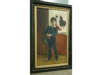 Signed Oil On Masonite Painting Of A Boy In Front Of A Bullfighting Poster.  Overall Size Is 50 5/8' X 32 5/8'