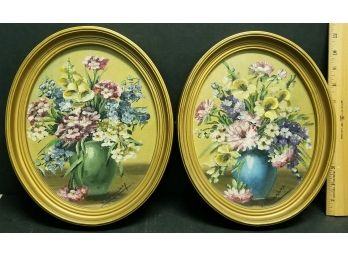 Listed Artist - 2 Janet Greenleaf Oil On Board Floral Still Life Paintings.  Each Overall Size 11 3/8' X 9 3/8