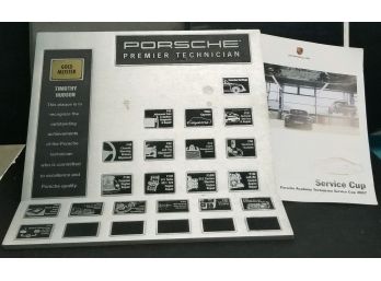 2 Porsche Premier Technician Aluminum Plaques With Certifications & A 2007 Service Cup Competition Brochure.