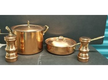 Copper Cookware With Damage.  Sold As Is.  Skillet Is 7 1/2'd X 2 1/4'h & Large Pot Is 7 1/2'd X 5 3/8'h.