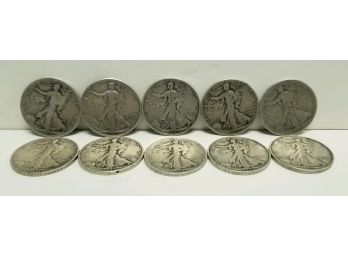 10 Walking Liberty Half Dollars.  Dates - 1917, 1918s, 1935, 1935d, 1936, 1937s, 1939s, 1942, 1944s, 1945