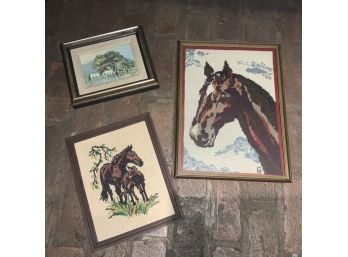 Framed Equestrian Art Needlepoints And Oil