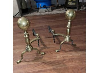 Excellent Pair Of Solid Antique Brass Andirons