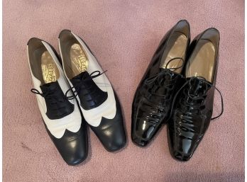 Vintage Ferragamo Spectator And Patent Leather Lace Up Flats 9 1/2 AA